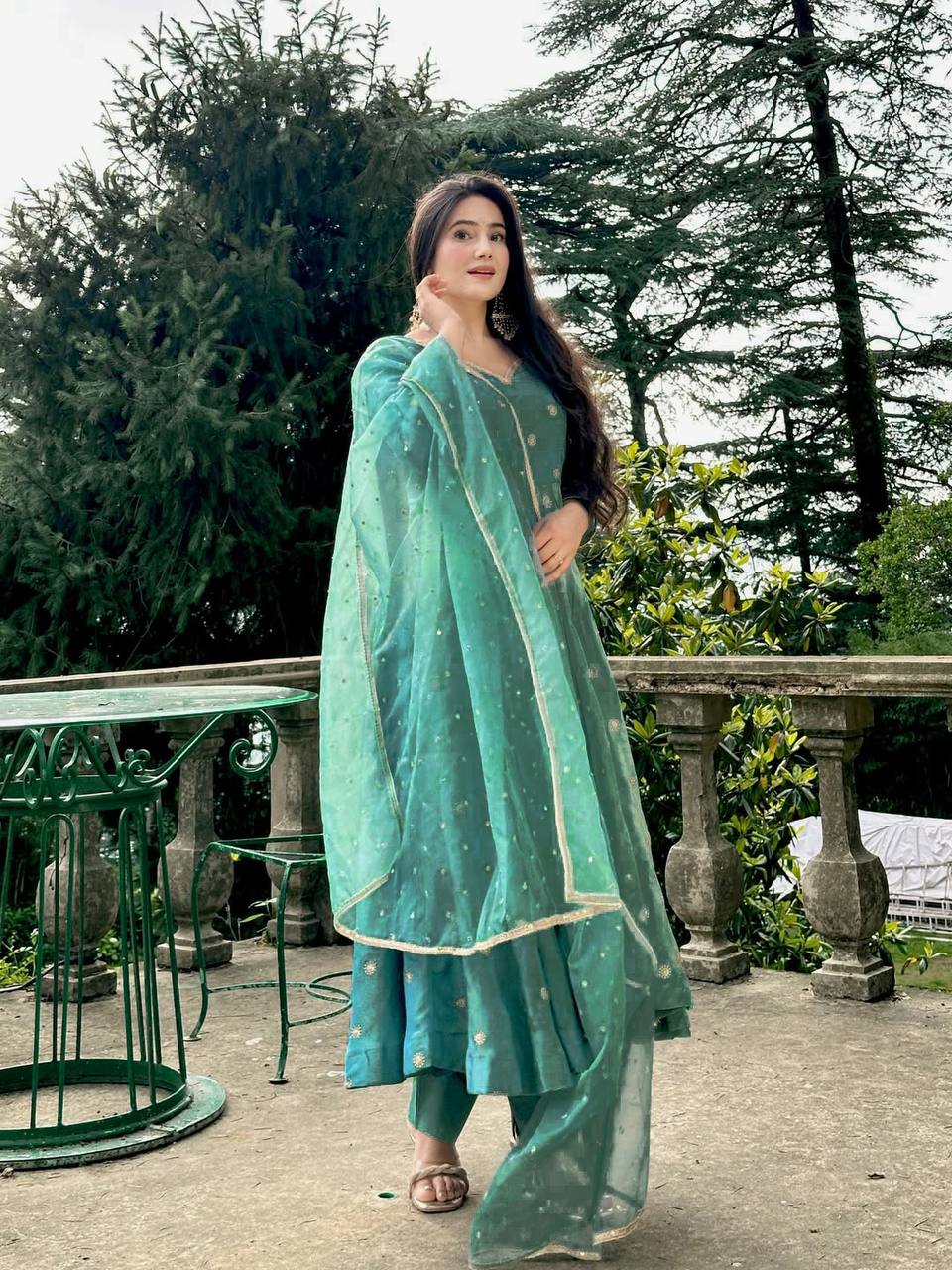 Celestial Teal Embroidery Đěsigner Anarkali Suit Set