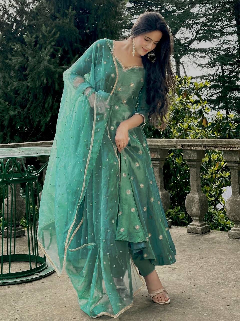 Celestial Teal Embroidery Đěsigner Anarkali Suit Set