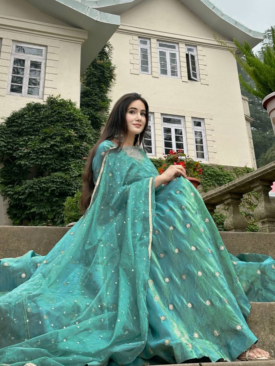 Celestial Teal Embroidery Đěsigner Anarkali Suit Set