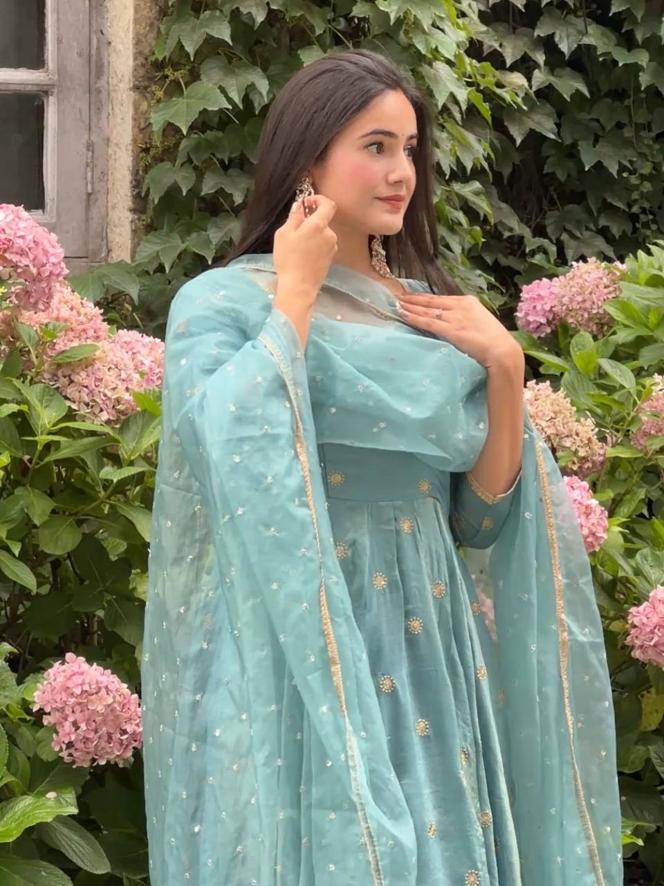 Celestial Teal Embroidery Đěsigner Anarkali Suit Set