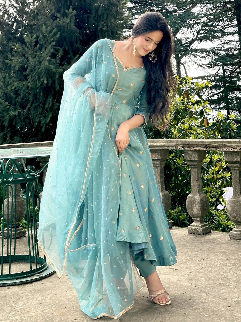 Celestial Teal Embroidery Đěsigner Anarkali Suit Set
