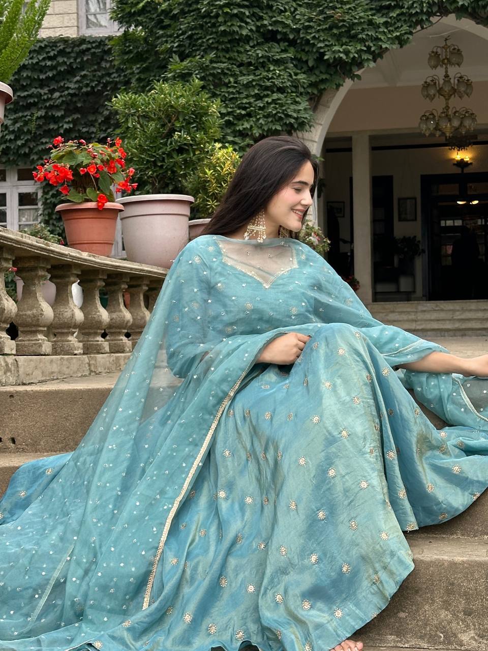 Celestial Teal Embroidery Đěsigner Anarkali Suit Set