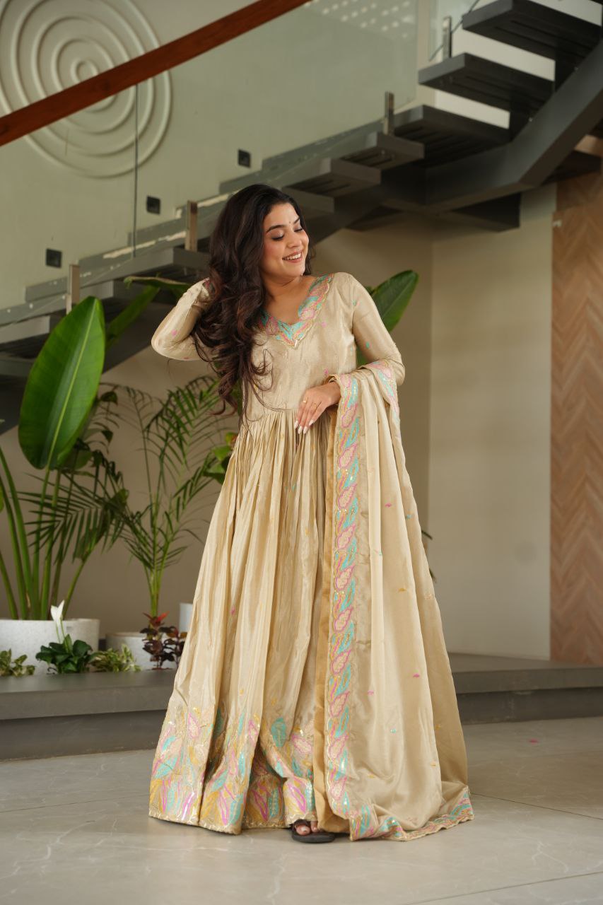 Graceful Chinnon with Sequins & Multi-Thread Embroidery Gown