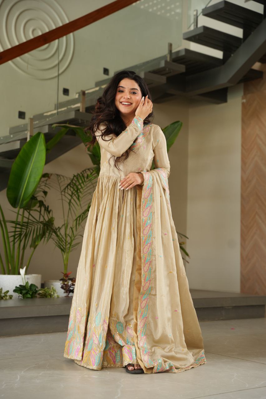 Graceful Chinnon with Sequins & Multi-Thread Embroidery Gown