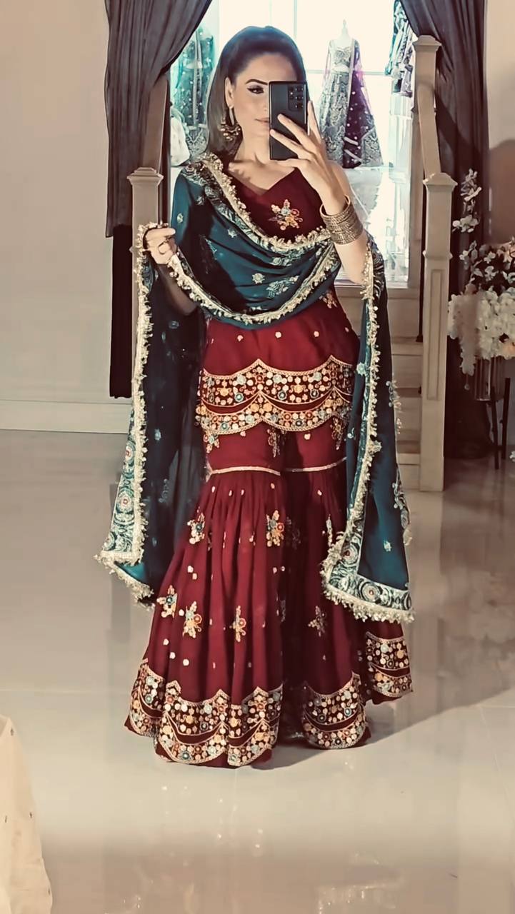 Zehra's Grace: Handcrafted Sharara Set with Intricate Detailing