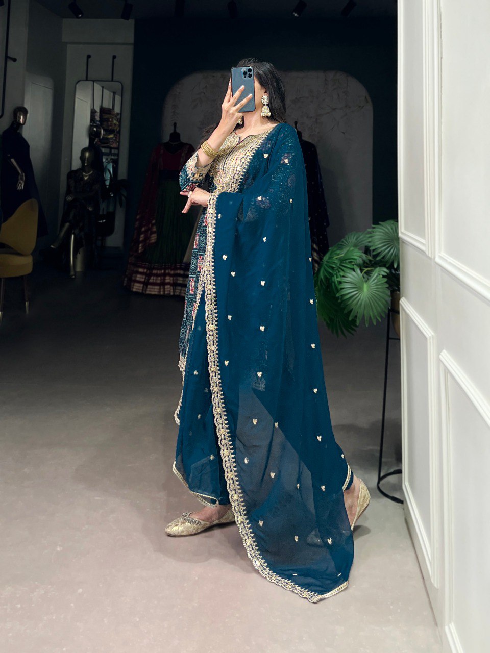 Midnight Mirrorwork Elegance Teal Blue Embroidered Suit Set