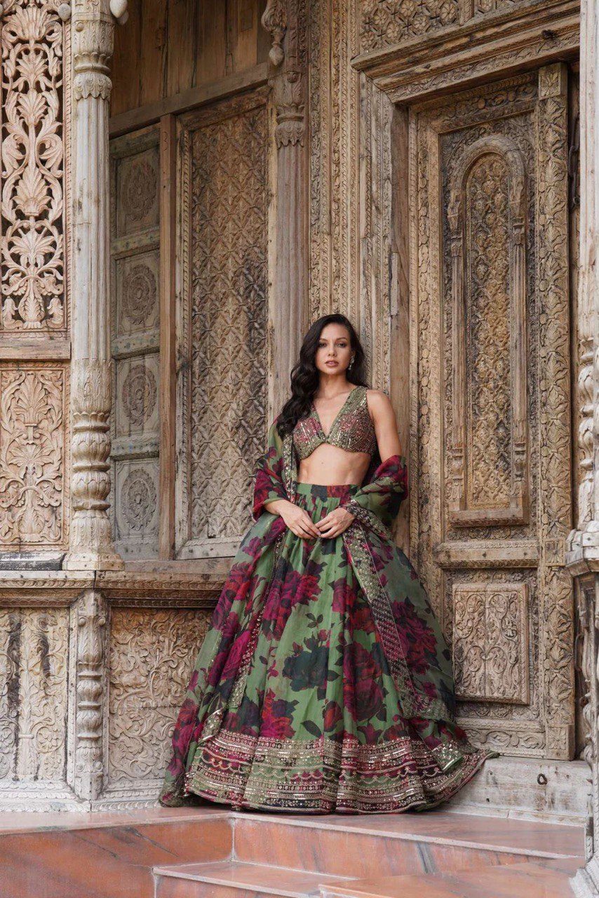 Sunset Serenade Boho Floral Organza Lehenga with Beaded Blouse & Zari Border Dupatta