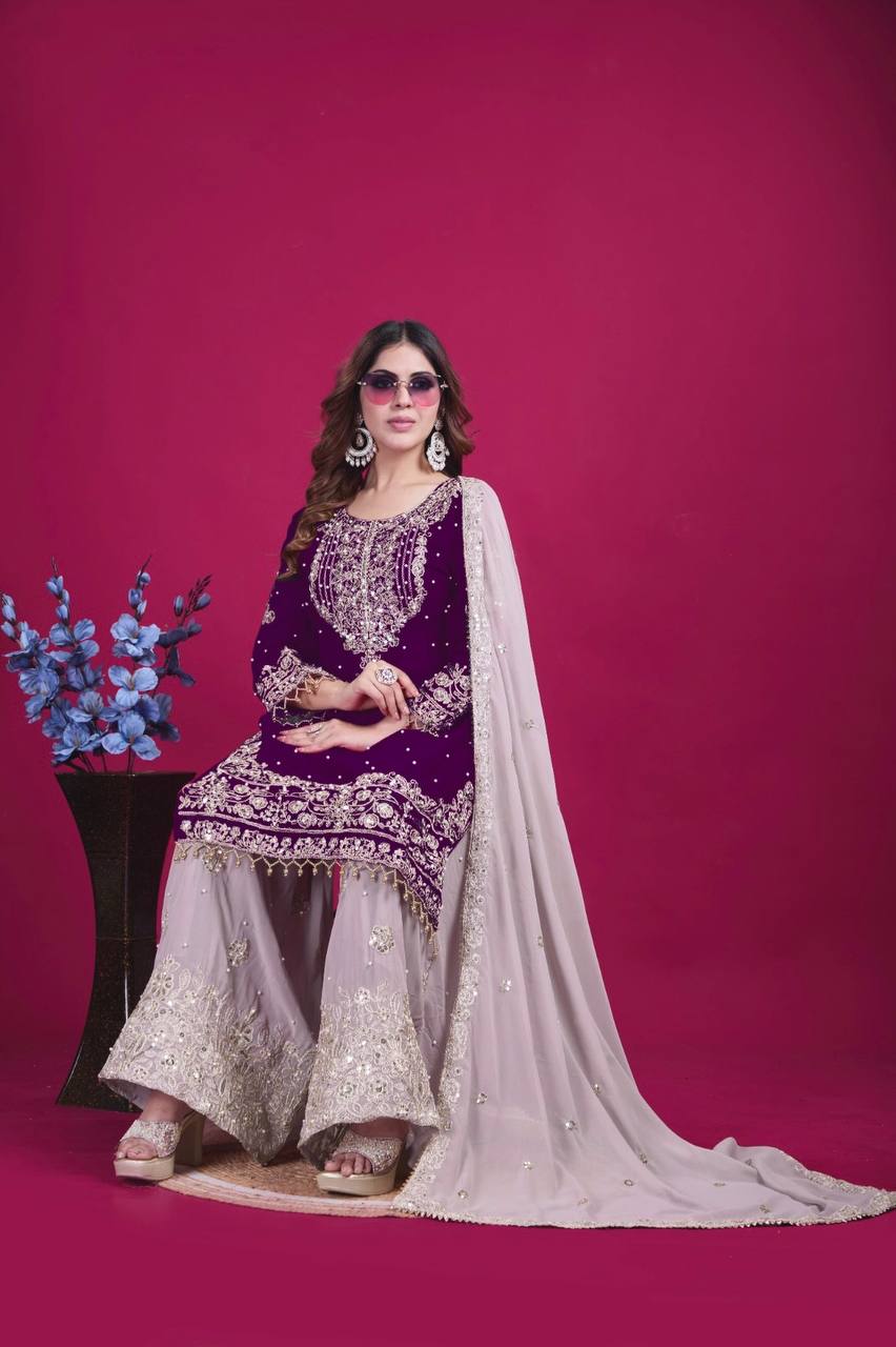 Dori & Dreams Designer Embroidered Georgette Ensemble Plazzo Set