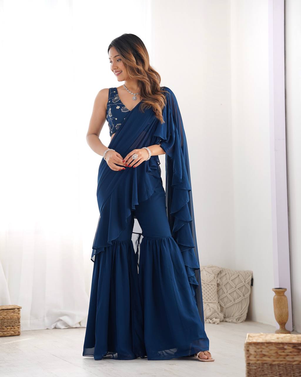 Stylish Navy Blue Ruffle Saree Pant Set