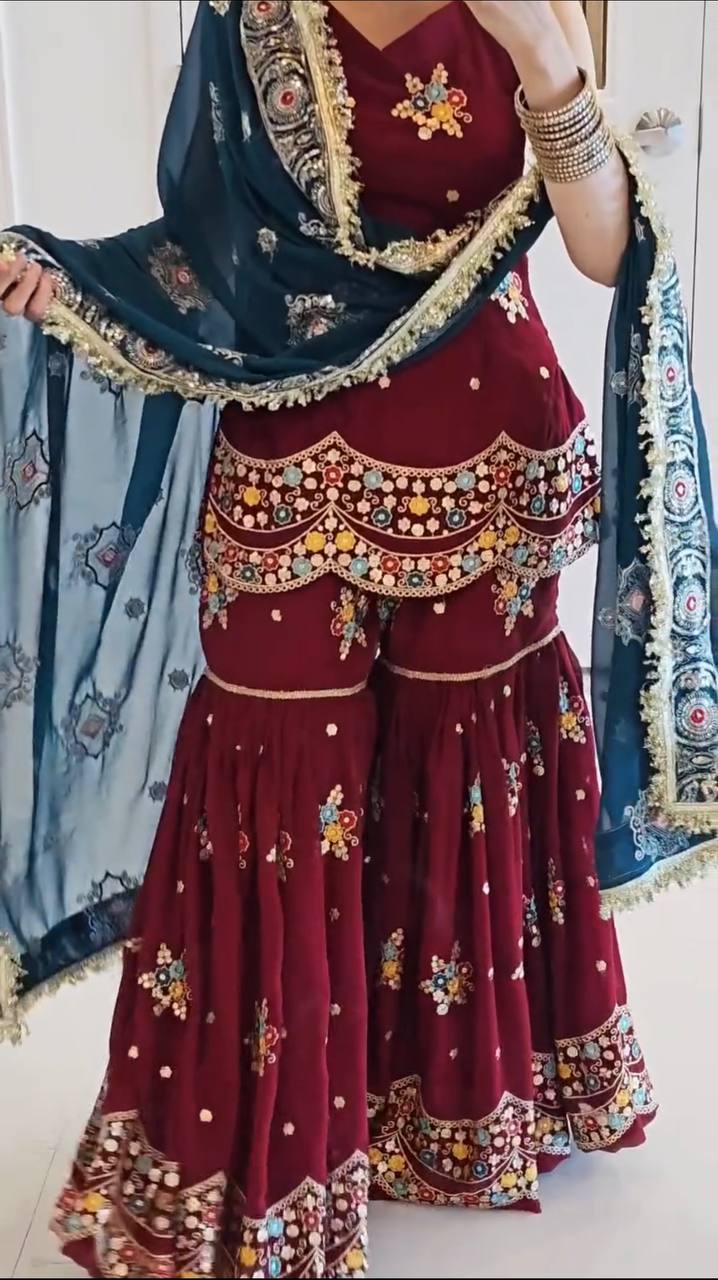 Zehra's Grace: Handcrafted Sharara Set with Intricate Detailing