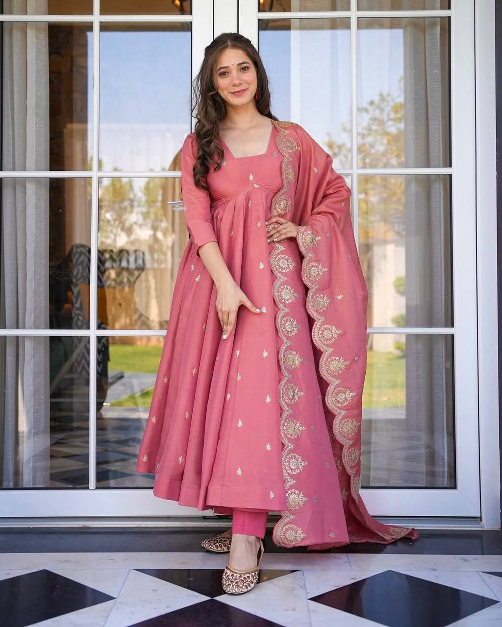 Chandni Petal Flow Gold Crush Silk Gown