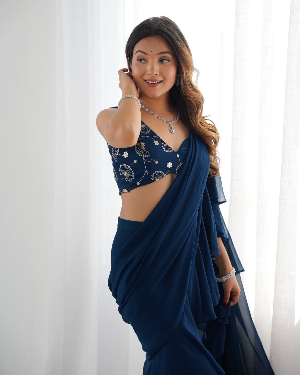 Stylish Navy Blue Ruffle Saree Pant Set