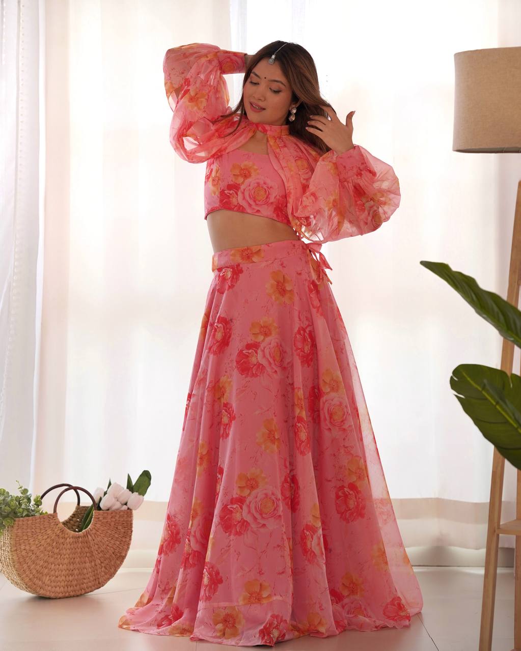 Blush Bloom Multi Floral Organja Fabric Lehengha Choli