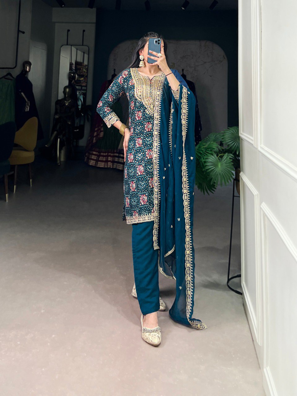Midnight Mirrorwork Elegance Teal Blue Embroidered Suit Set