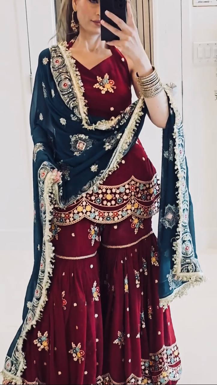 Zehra's Grace: Handcrafted Sharara Set with Intricate Detailing