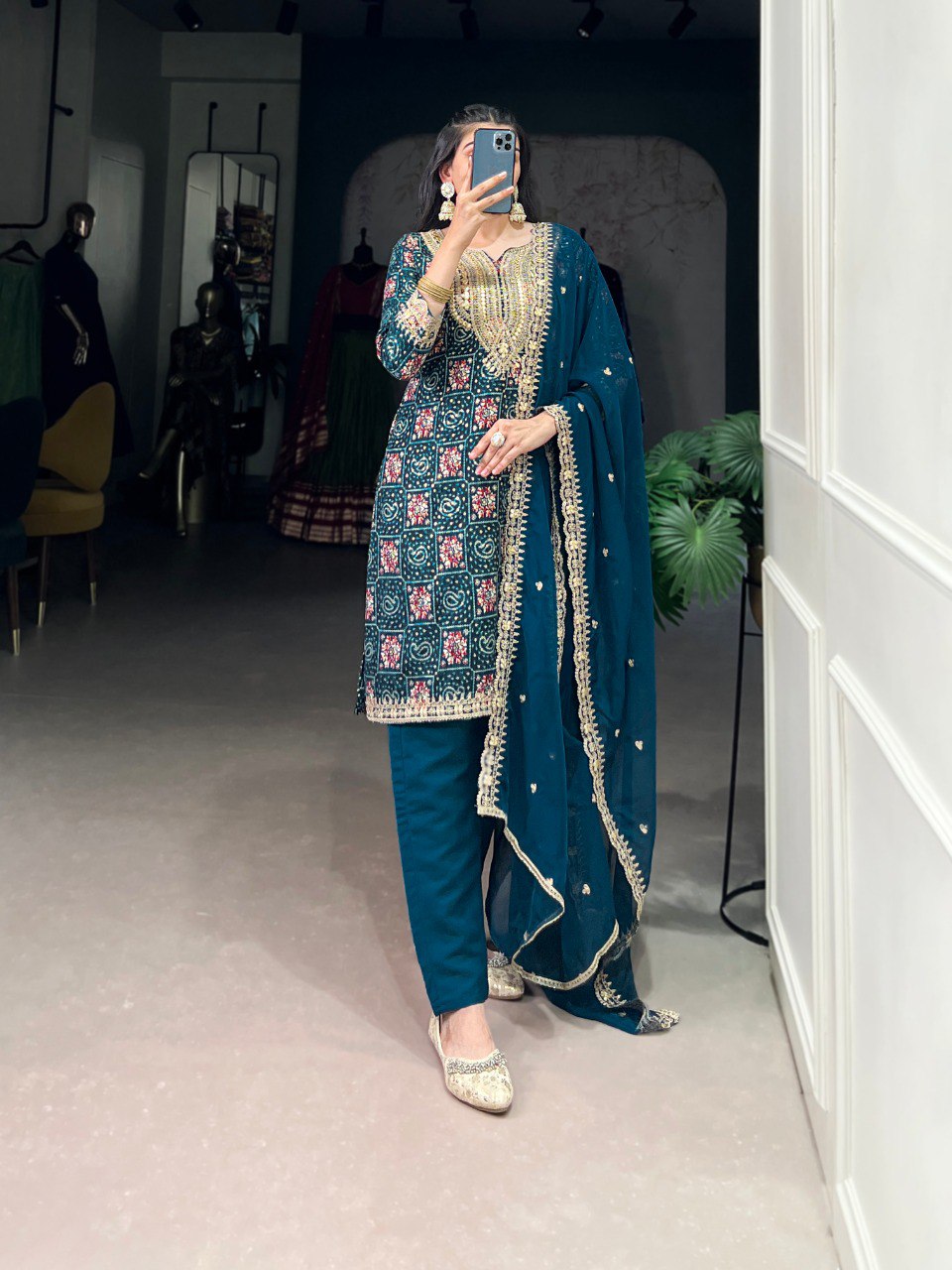 Midnight Mirrorwork Elegance Teal Blue Embroidered Suit Set