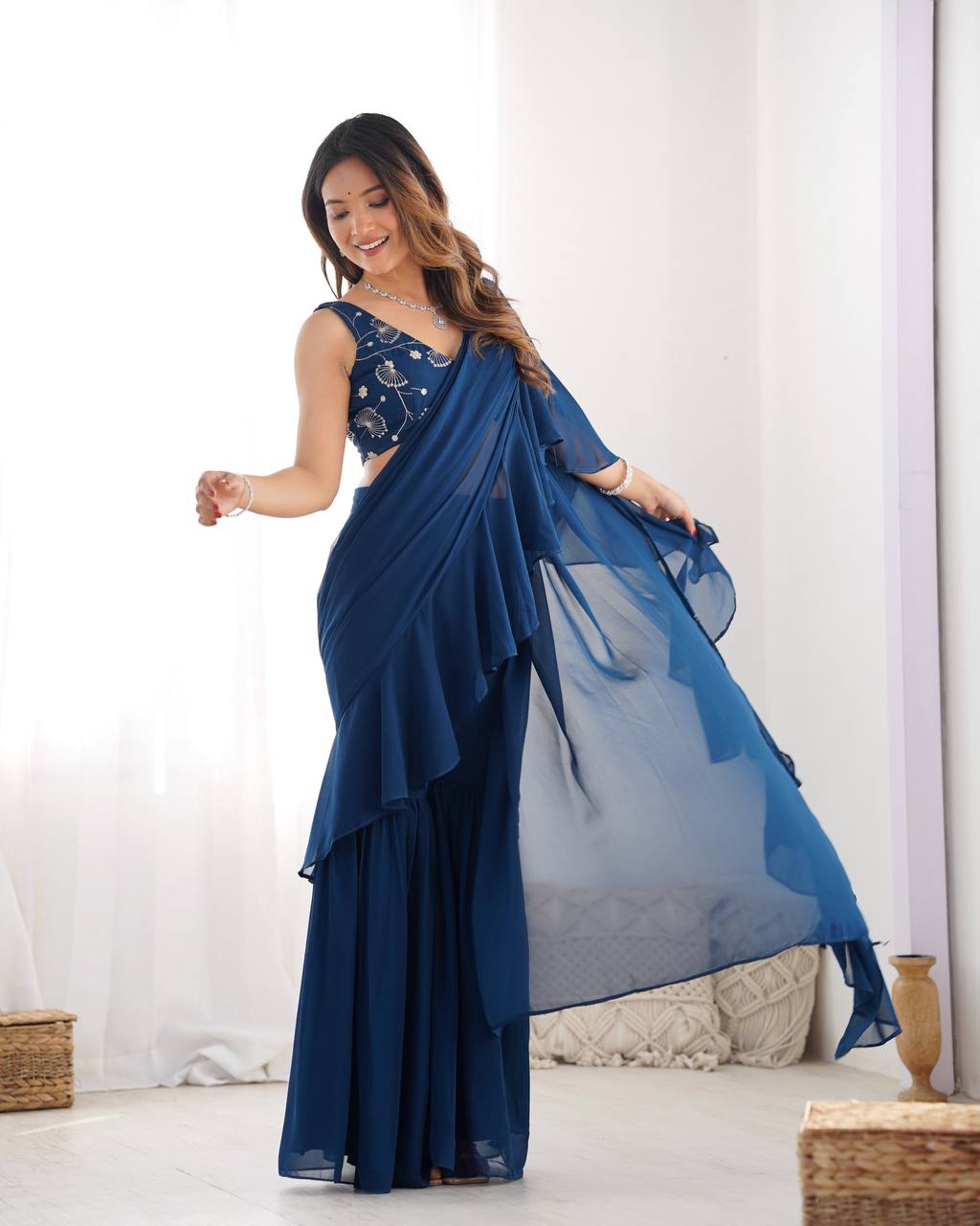 Stylish Navy Blue Ruffle Saree Pant Set