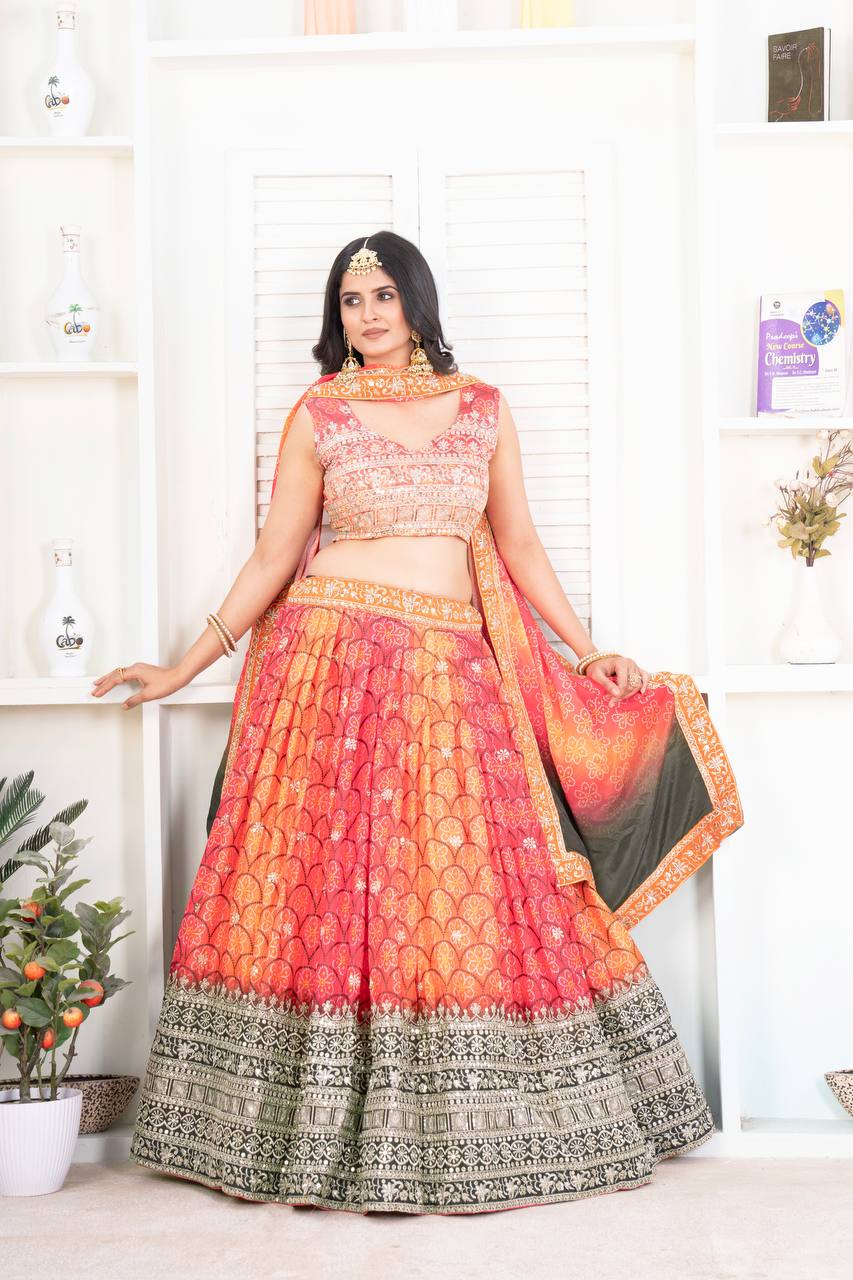 Riwa Chinon Silk With Digital Print Partywear Lahenga