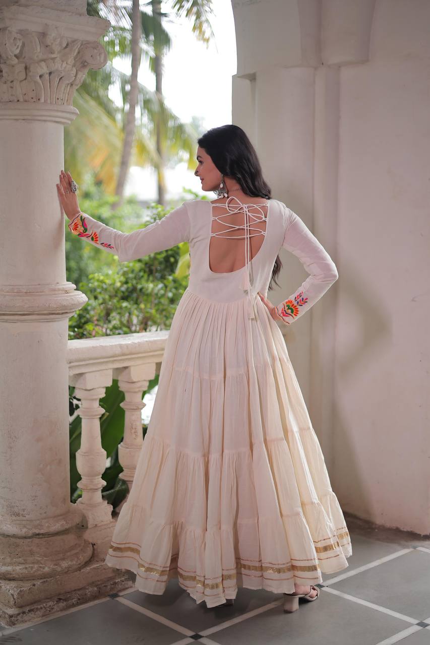 Aarvi's Grace Creamy Layers & Folk Bloom Embroidery Anarkali Gown