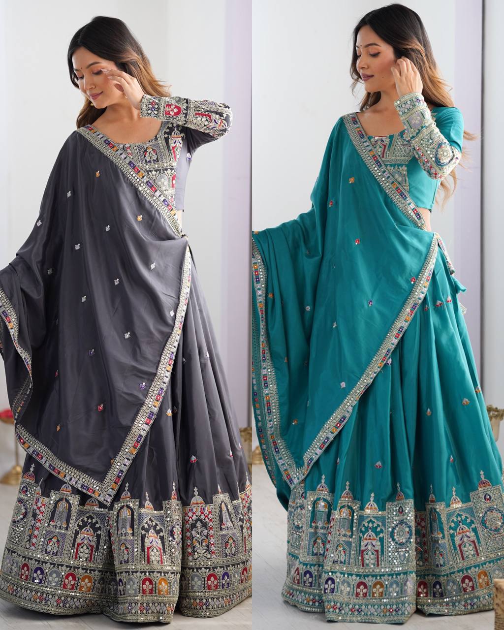 Sheesh Mahal Natural Crep silk Embroidered Lehenga Choli