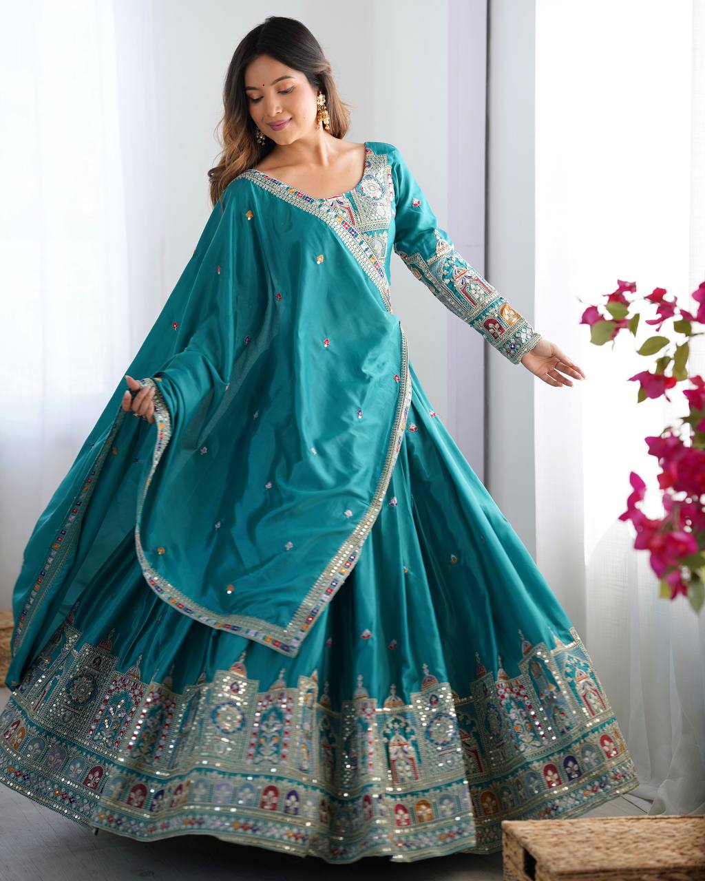Sheesh Mahal Natural Crep silk Embroidered Lehenga Choli