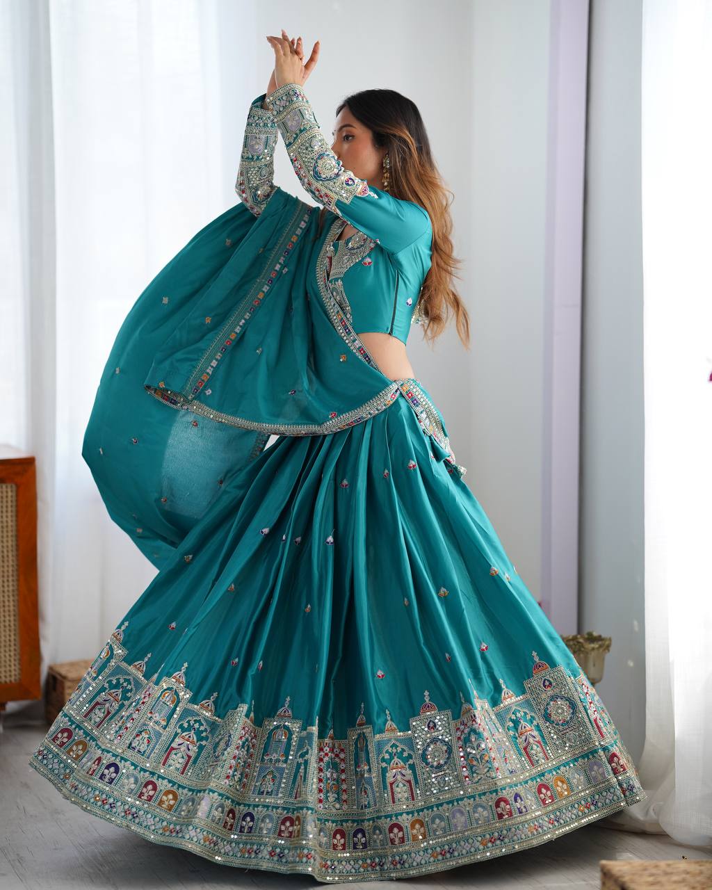 Sheesh Mahal Natural Crep silk Embroidered Lehenga Choli