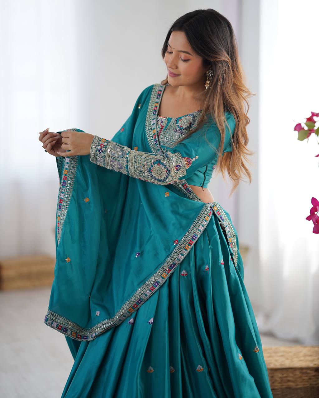 Sheesh Mahal Natural Crep silk Embroidered Lehenga Choli