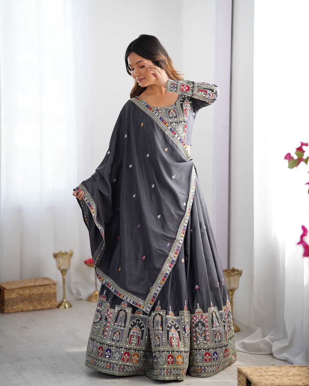 Sheesh Mahal Natural Crep silk Embroidered Lehenga Choli
