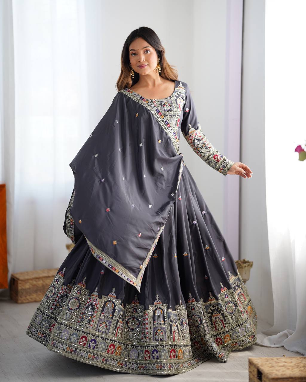 Sheesh Mahal Natural Crep silk Embroidered Lehenga Choli