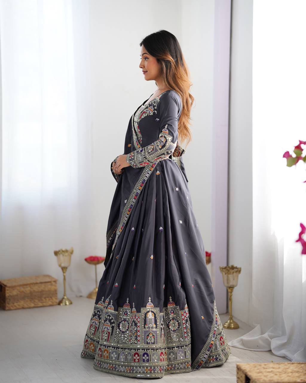 Sheesh Mahal Natural Crep silk Embroidered Lehenga Choli