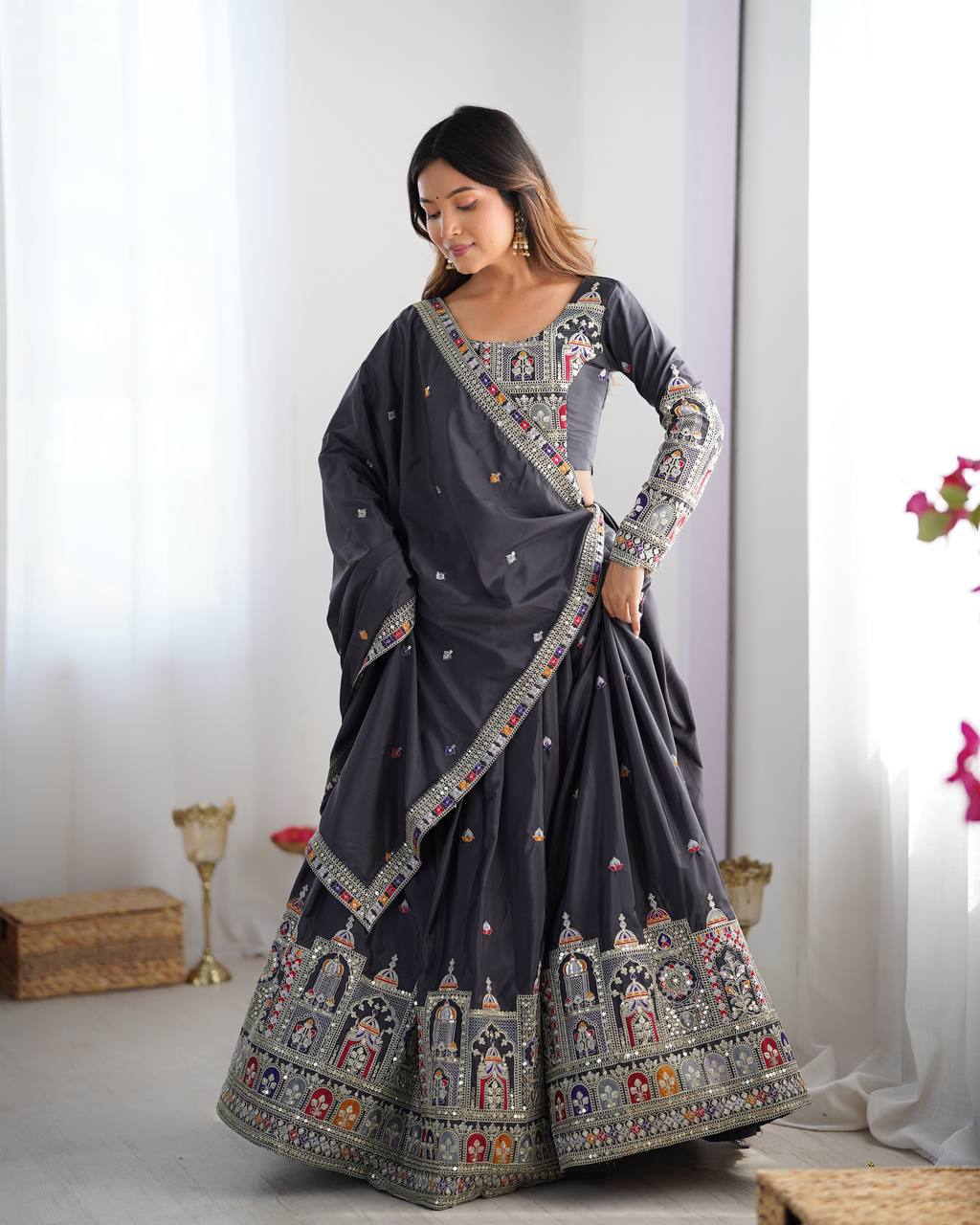 Sheesh Mahal Natural Crep silk Embroidered Lehenga Choli