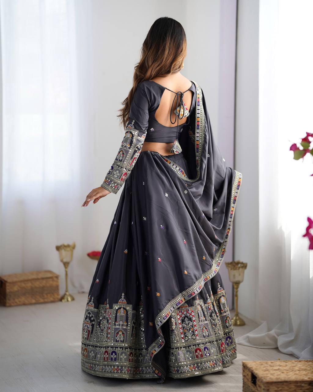 Sheesh Mahal Natural Crep silk Embroidered Lehenga Choli