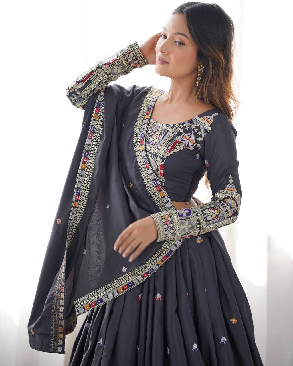 Sheesh Mahal Natural Crep silk Embroidered Lehenga Choli