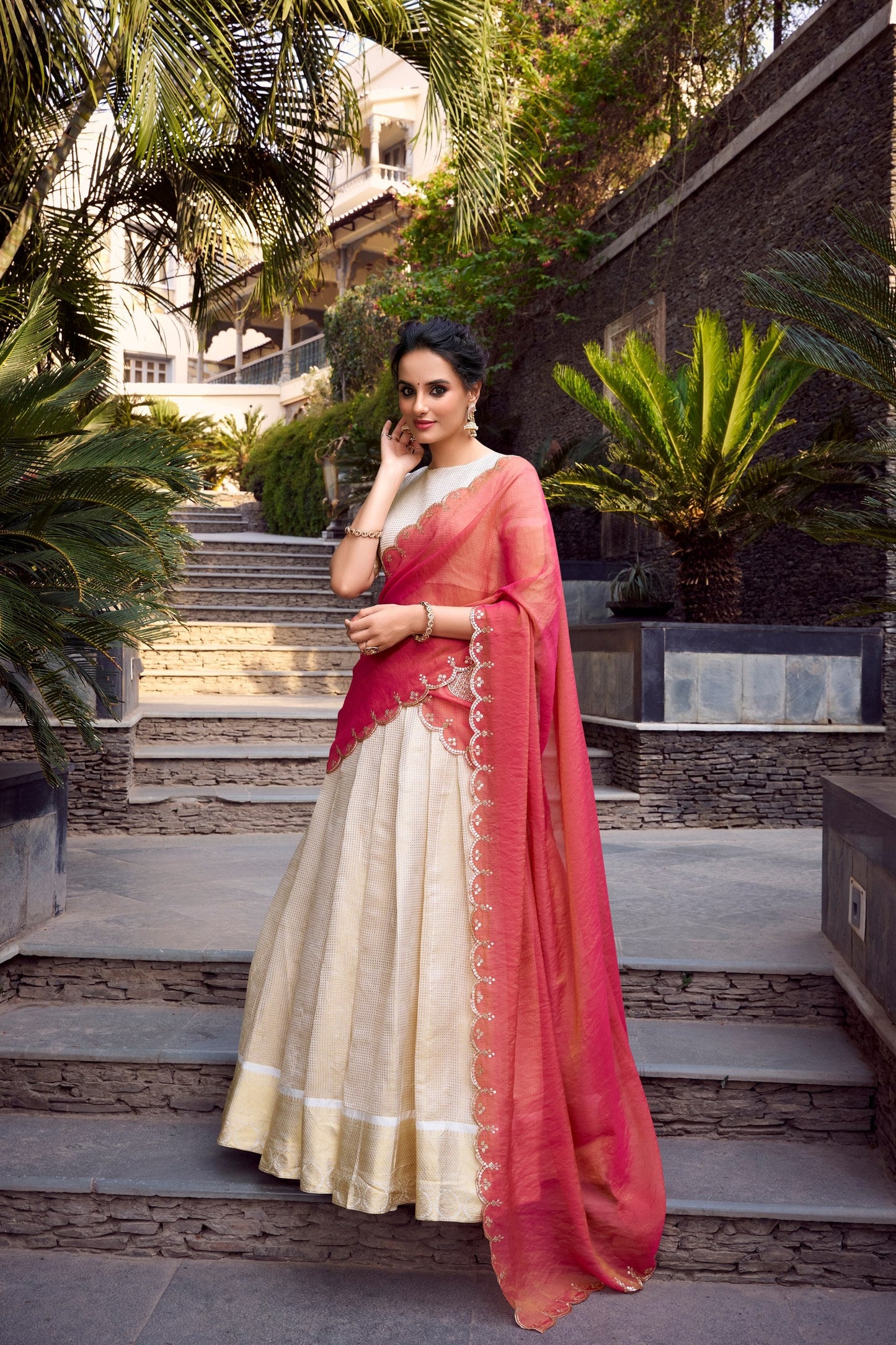 Shubhra Gold Jacquard Lehenga with Contrast Embroidered Dupatta