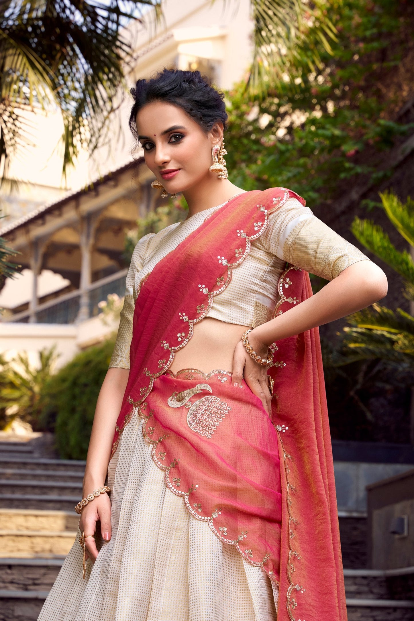 Shubhra Gold Jacquard Lehenga with Contrast Embroidered Dupatta