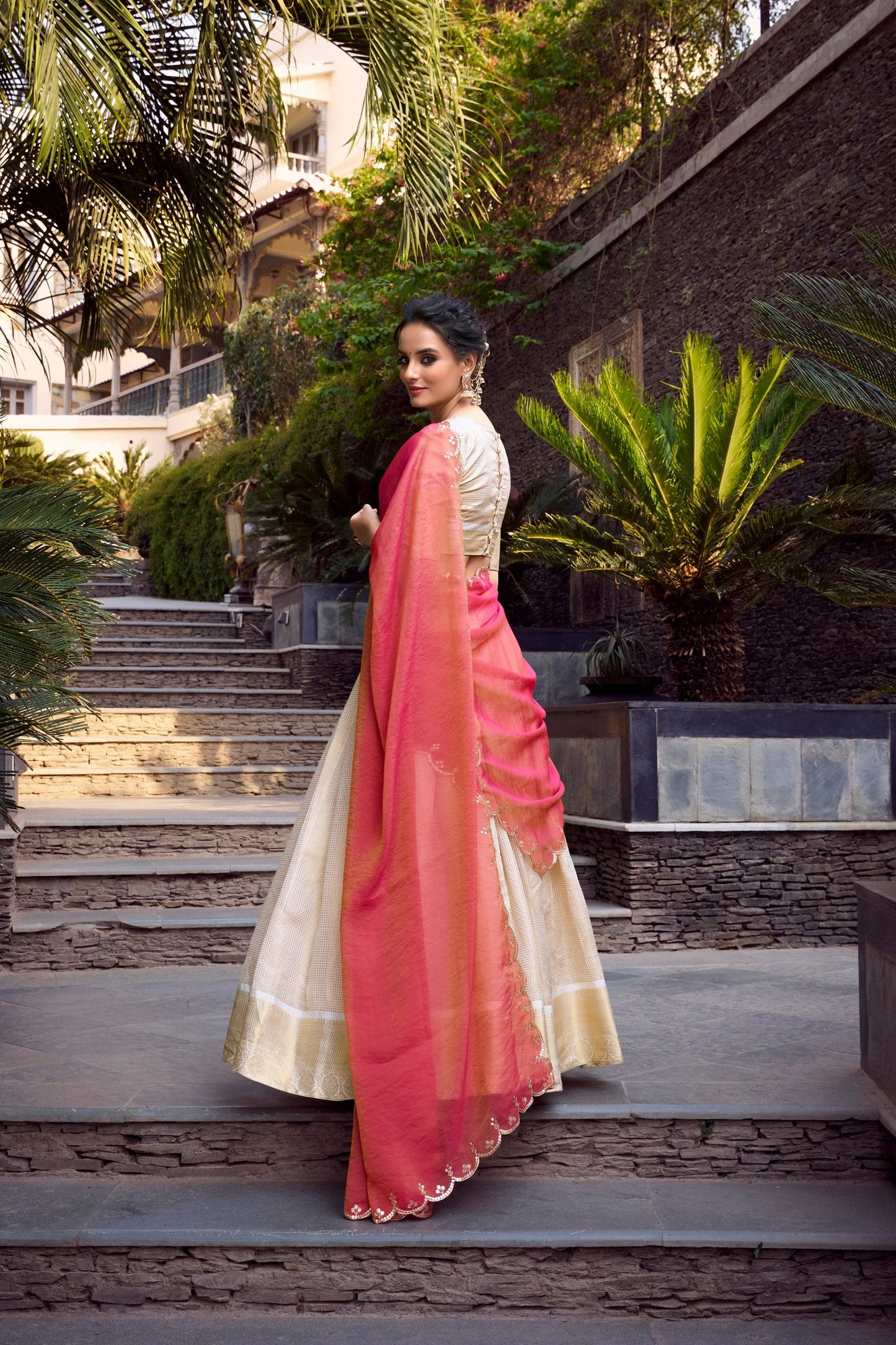 Shubhra Gold Jacquard Lehenga with Contrast Embroidered Dupatta