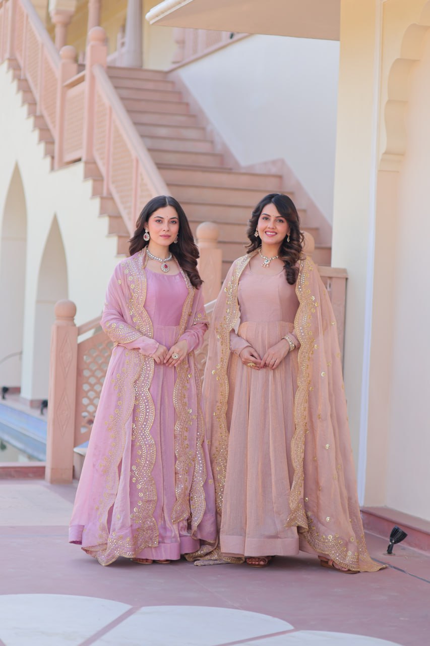 Lavnaya Fendy Chiffon gown with Sequins-Multi Embroidered Work Dupatta