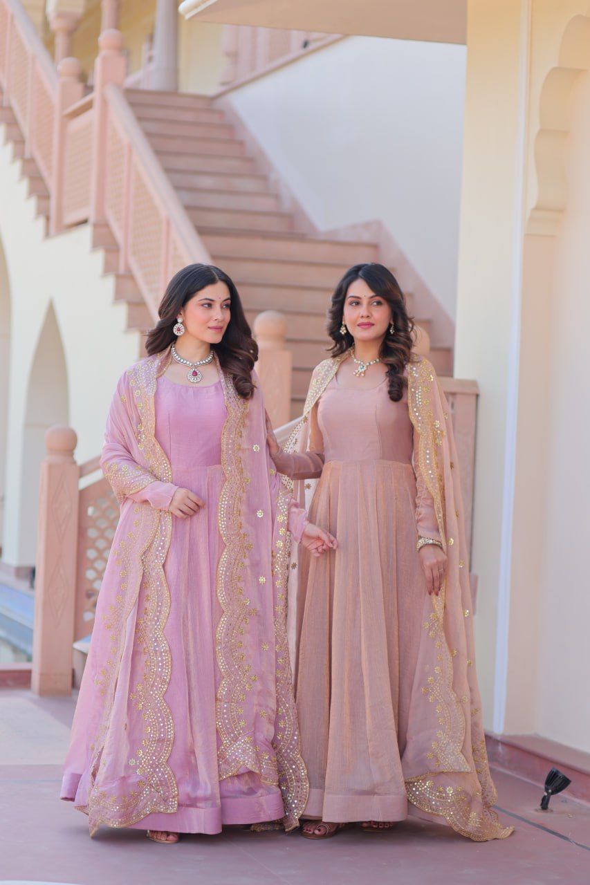 Lavnaya Fendy Chiffon gown with Sequins-Multi Embroidered Work Dupatta