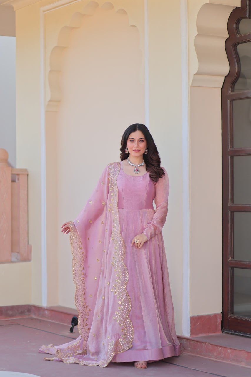 Lavnaya Fendy Chiffon gown with Sequins-Multi Embroidered Work Dupatta