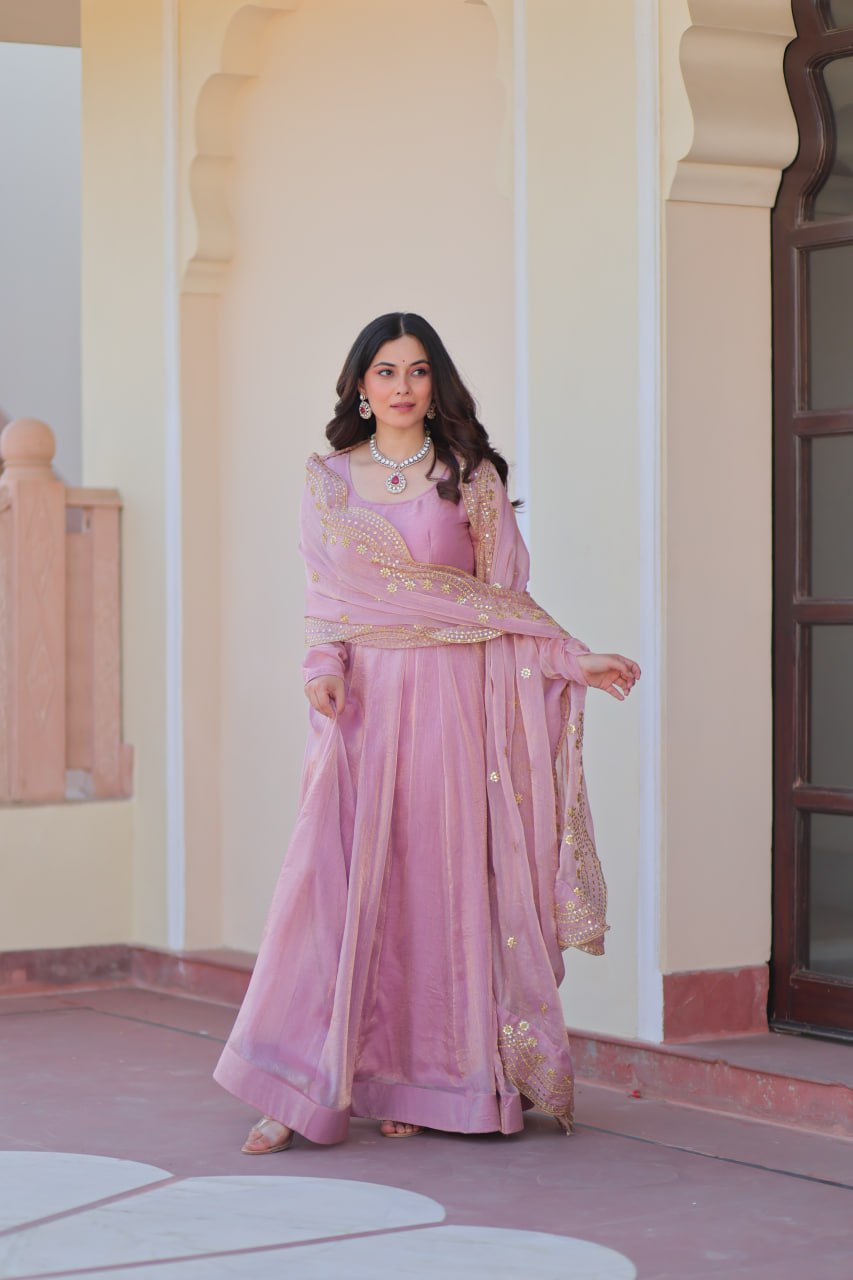 Lavnaya Fendy Chiffon gown with Sequins-Multi Embroidered Work Dupatta