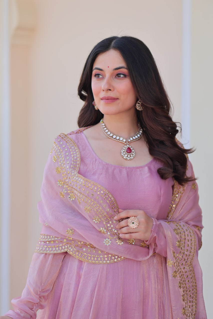 Lavnaya Fendy Chiffon gown with Sequins-Multi Embroidered Work Dupatta