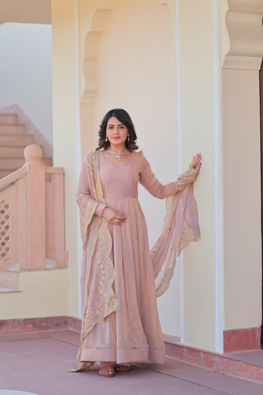 Lavnaya Fendy Chiffon gown with Sequins-Multi Embroidered Work Dupatta