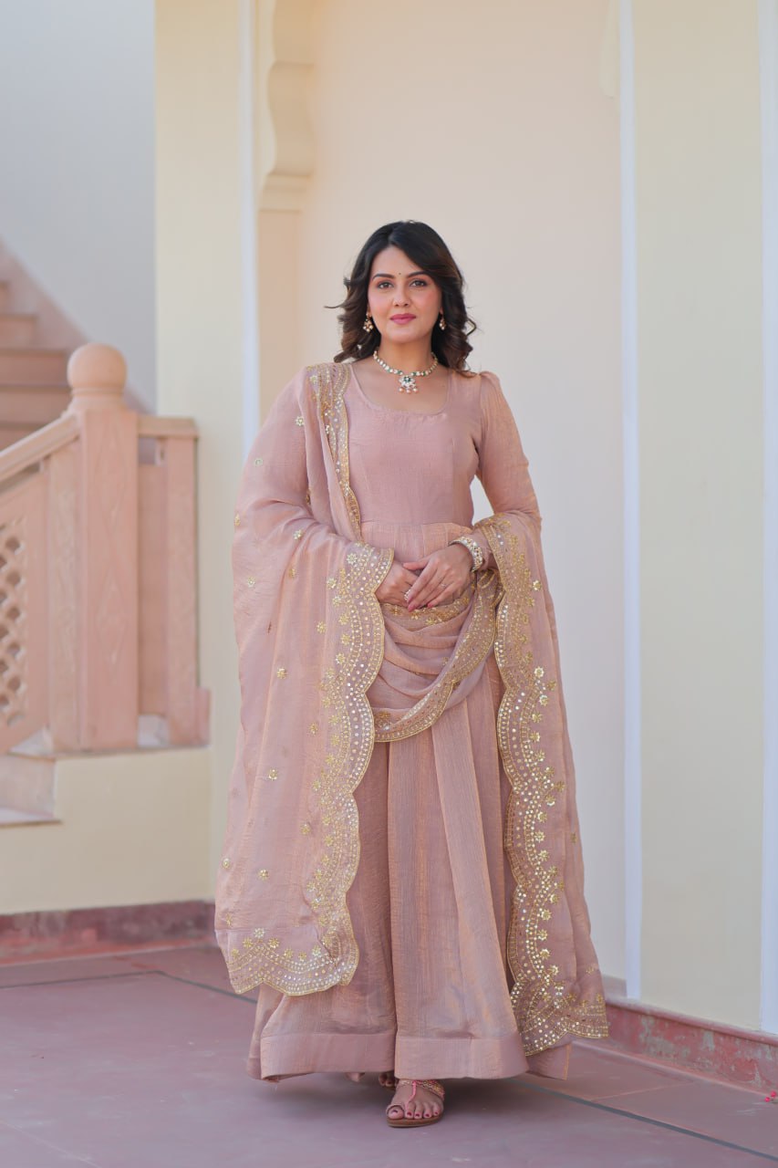 Lavnaya Fendy Chiffon gown with Sequins-Multi Embroidered Work Dupatta