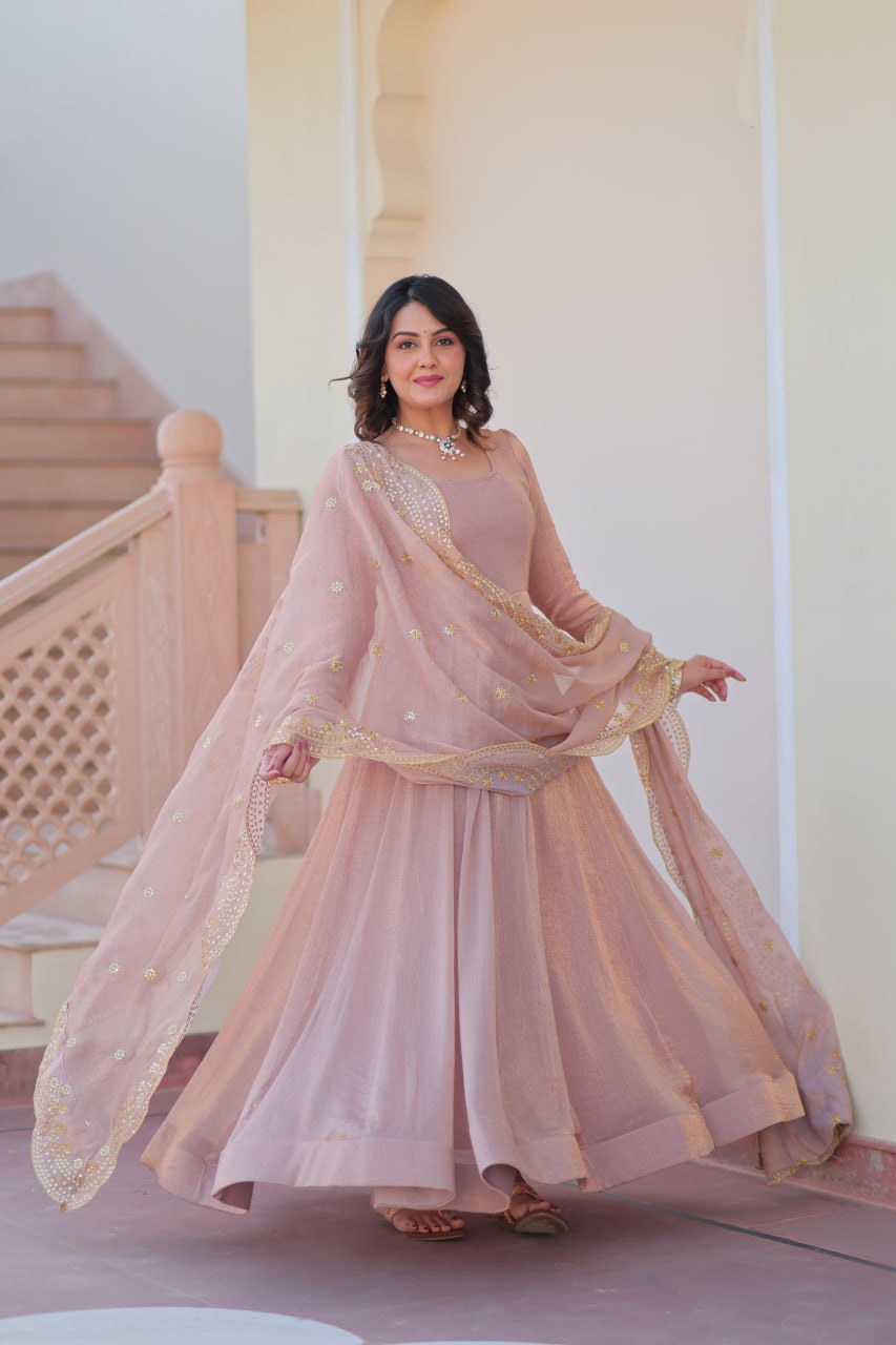 Lavnaya Fendy Chiffon gown with Sequins-Multi Embroidered Work Dupatta