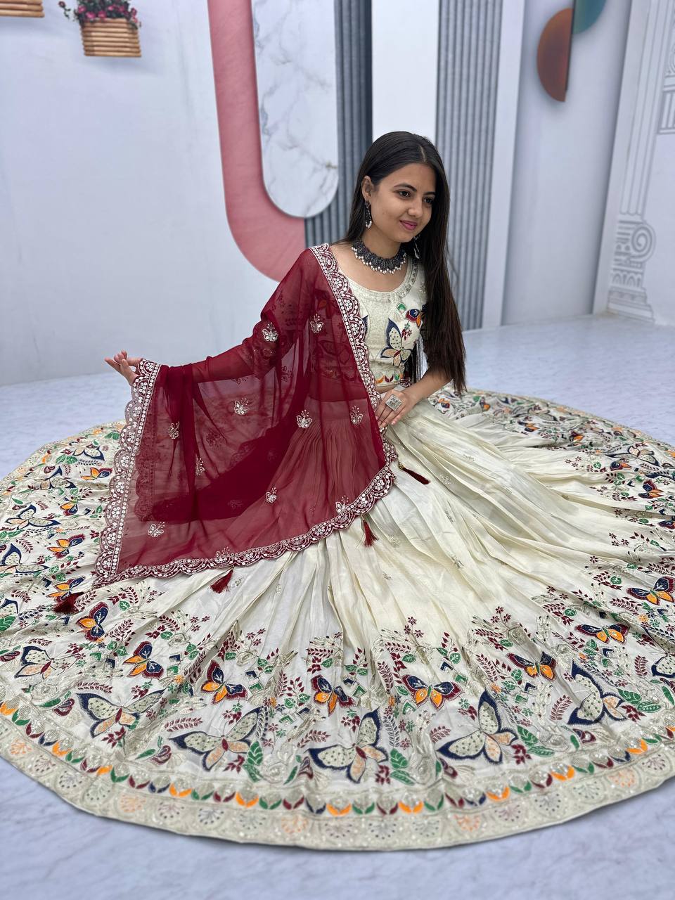 Butterfly Elegance A Whimsical Cream & Maroon Lehenga Choli