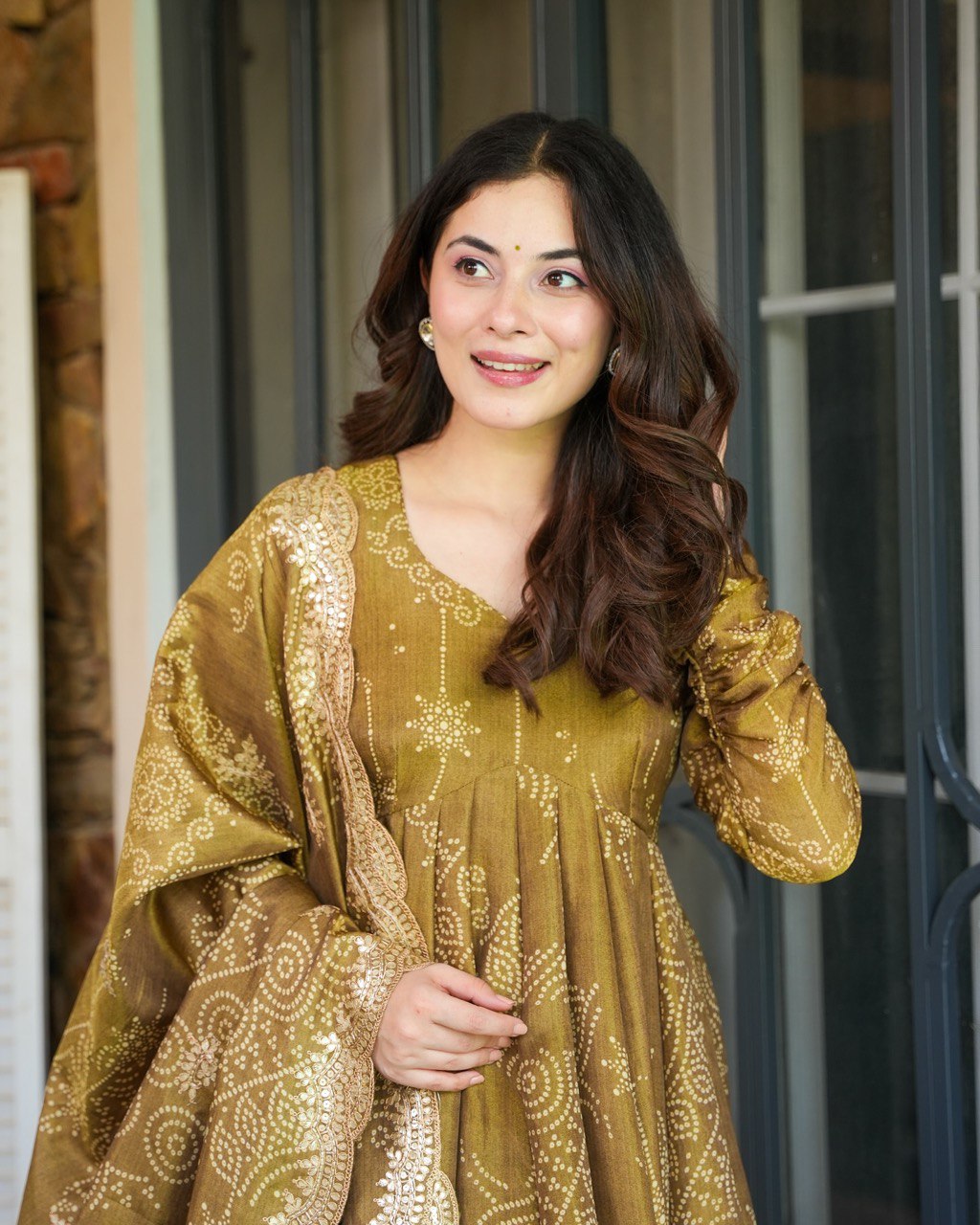 Golden Whirl Elegant Soft Muslin Bandhej Apporx Anarkali