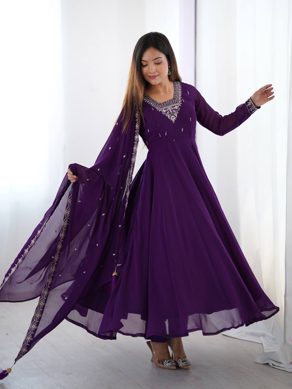 Verdant Grace: Embroidered Anarkali Gown with Dupatta