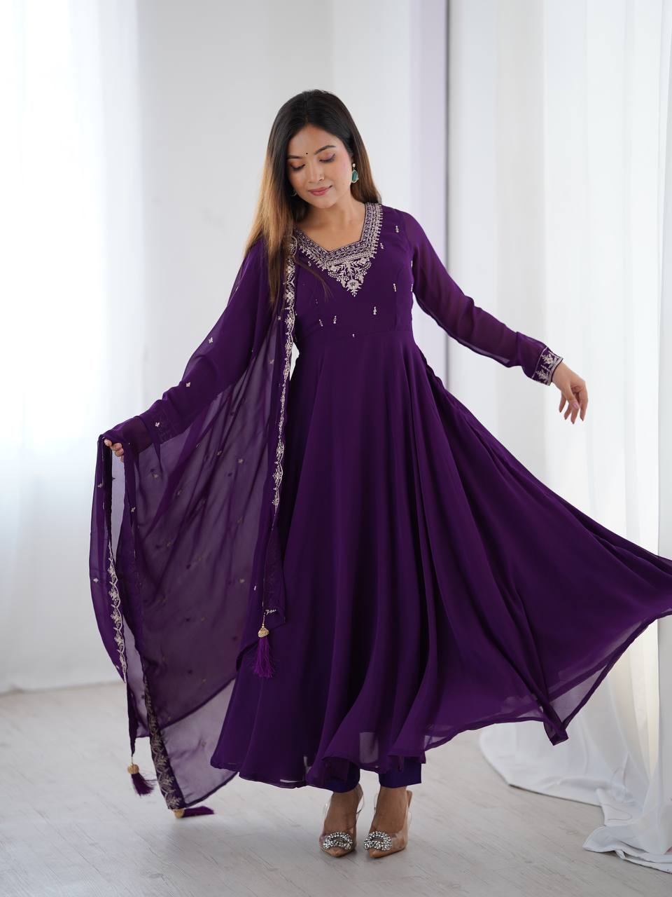 Verdant Grace: Embroidered Anarkali Gown with Dupatta