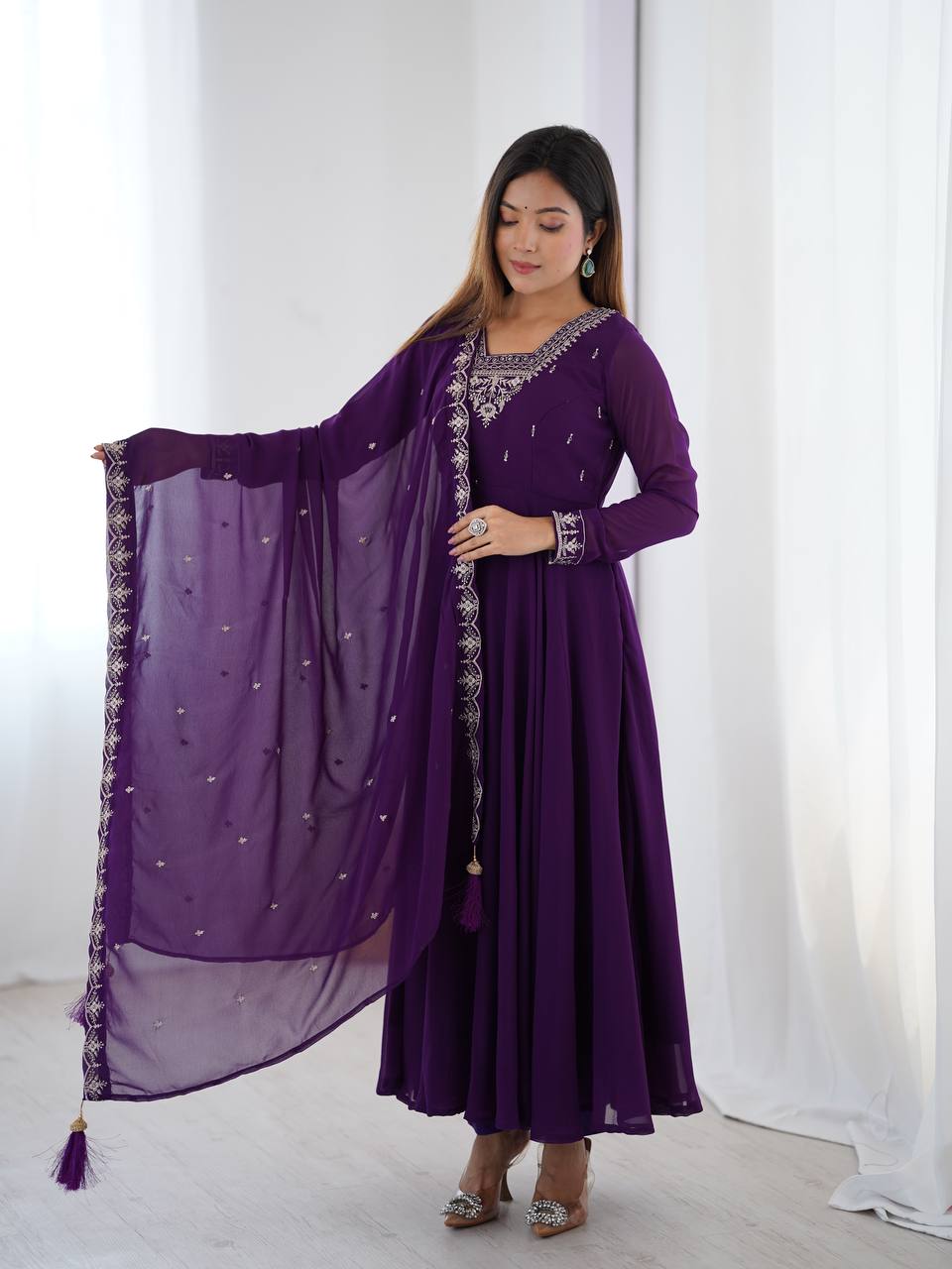 Verdant Grace: Embroidered Anarkali Gown with Dupatta