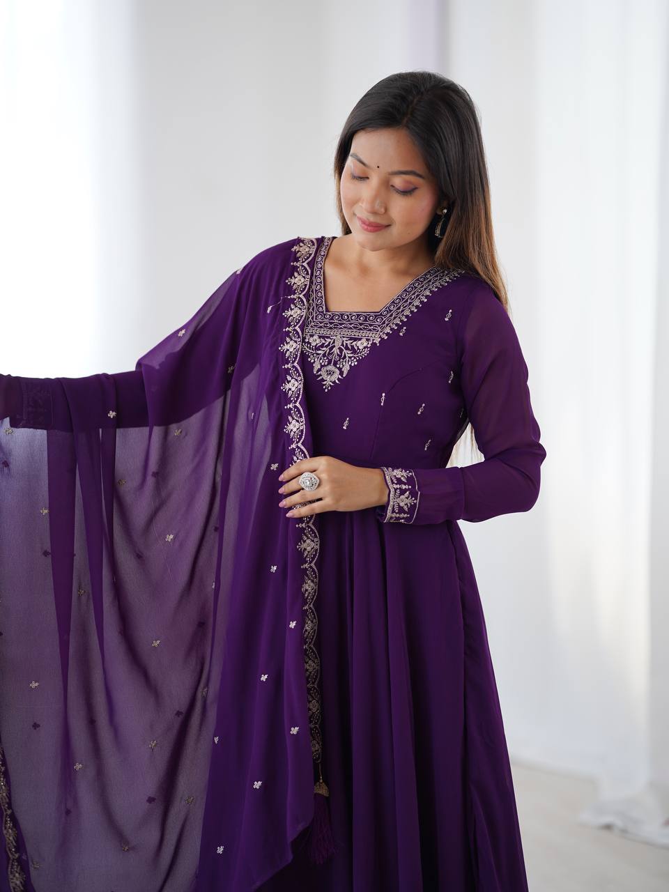 Verdant Grace: Embroidered Anarkali Gown with Dupatta